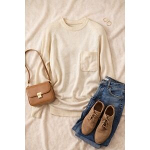 Vintage Cream Pocket Sweater Small Minimalist Ivory Knit Crewneck‎ Retro Classic